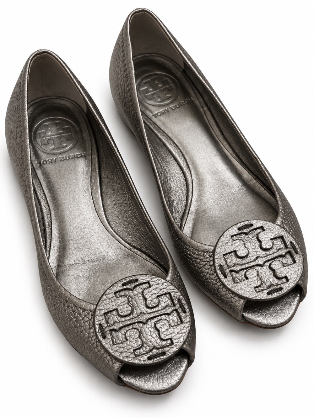 Tory Burch Metallic Pewter Peep Toe Flats Logo Medallion Ballet Shoes